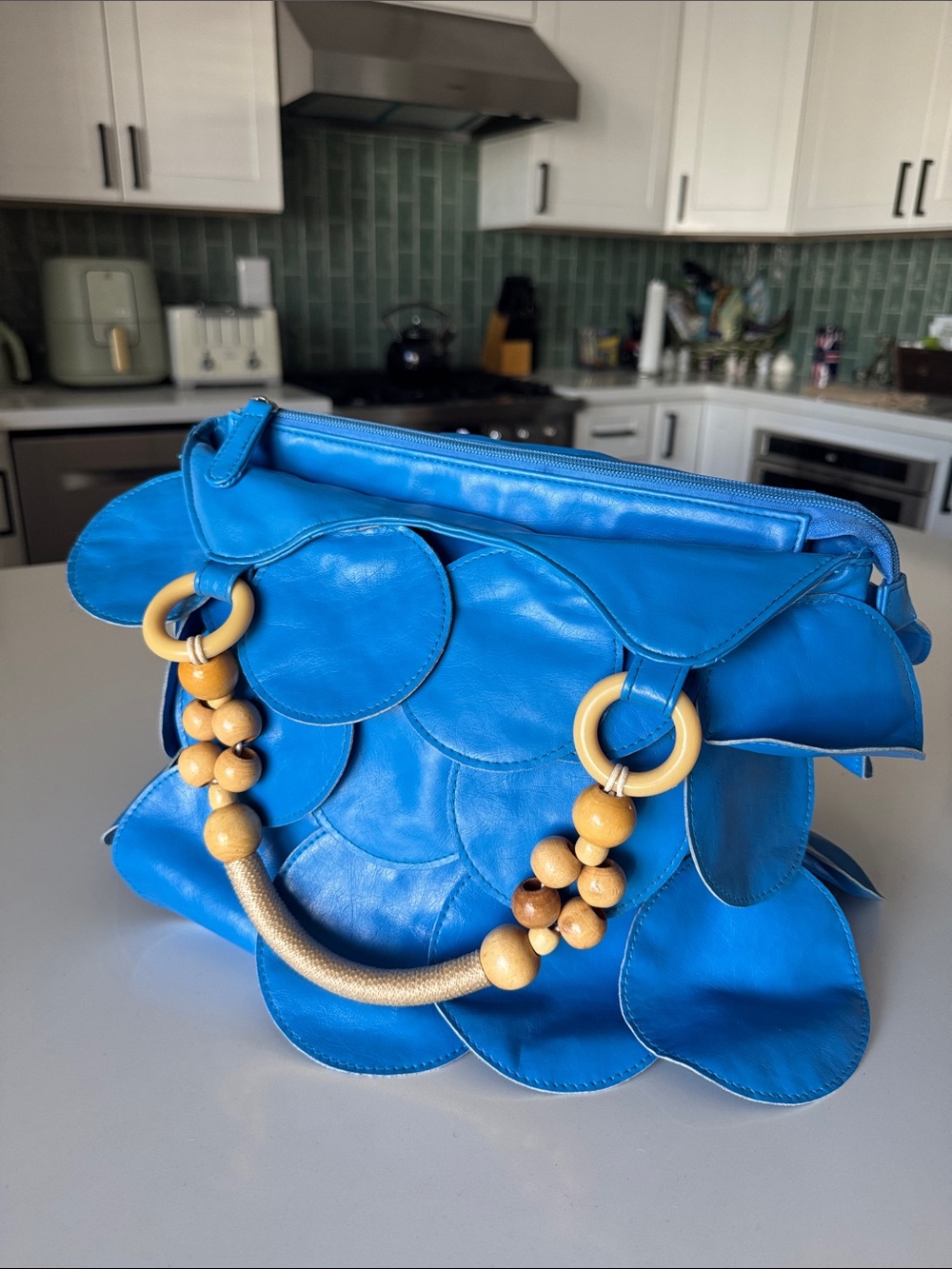 Tiannl Vibrant Blue Scallop Leather Shoulder Bag with Beaded Handle